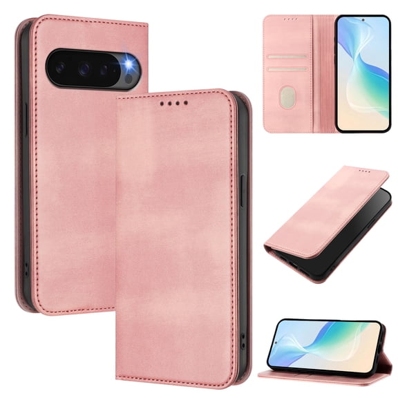 for Google Pixel 10 Pro XL Wallet Rugged Case, Premium PU Leather RFID Blocking Card Slots Kickstand Classic Full Body Protection Magnetic Function Durable Cover for Google Pixel 10 Pro XL, Pink