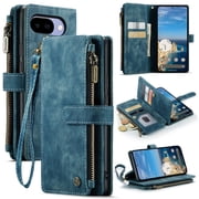 For Google Pixel 10 A Wallet Case with Card Slots, Leather Detachable Wristlet Strap 3-in-1 Zipper Pocket and Magnetic Flip Folio, RFID Blocking Card Holder Stand Case for Women and Men,Blue