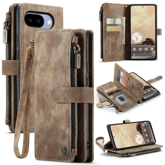 For Google Pixel 10 A Wallet Case with Card Slots, Leather Detachable Wristlet Strap 3-in-1 Zipper Pocket and Magnetic Flip Folio, RFID Blocking Card Holder Stand Case for Women and Men,Brown