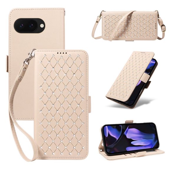 For Google Pixel 10a RFID Blocking Wallet Case, Magnetic Flip Cover Card Holder & Bills Slot, Soft PU Leather With Detachable Shoulder Strap And Wrist Strap,Beige,For Google Pixel 10a