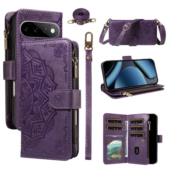 For Google Pixel 11 /Google Pixel 11 Pro Wallet Case, 9 Card Slots RFID Blocking Crossbody Leather Cover, Zipper Pocket, Detachable Wrist & Shoulder Strap, Magnetic Shockproof Protective Phone Case