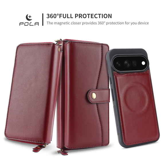 For Google Pixel 11 PU Leather Wallet Case, Detachable Magnetic Phone Cover with Multiple Card Slots and Cash Storage, Flip Folio Protective Case with Secure Closure for Daily Carry,Red
