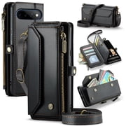 For Google Pixel 11 Pro XL Case Crossbody Wallet PU Leather Magnetic Flip Folio Wristlet Shoulder Strap 3-in-1 Crossbody Phone Case with Card Slots Zipper Pocket for Women Men,Black