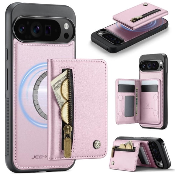 For Google Pixel 11 Pro XL Phone Case 2 In 1 Wallet With Card Holder &Zipper Cash Pocket,PU Leather Case,RFID Blocking, Kickstand  Magnetic Protective Women Men Cover,Pink,For Pixel 11 Pro XL