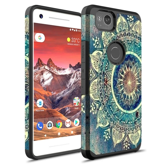 Google Pixel 2 Case, PIXEL 2 Cases, KAESAR Slim Sleek Hybrid Dual Layer Shockproof Hard Cover Graphic Fashion Cute Colorful Silicone Skin For Google Pixel 2 (Green Mandala)