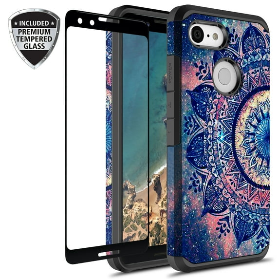 Google Pixel 3 Case With Tempered Glass Screen Protector, Kaesar Slim Hybrid Dual Layer Graphic Fashion Colorful Cover Armor Case for Google Pixel 3 (Mandala)
