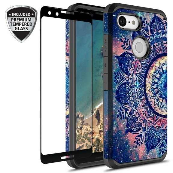 Google Pixel 3 Case With Tempered Glass Screen Protector, Kaesar Slim Hybrid Dual Layer Graphic Fashion Colorful Cover Armor Case for Google Pixel 3 (Mandala)