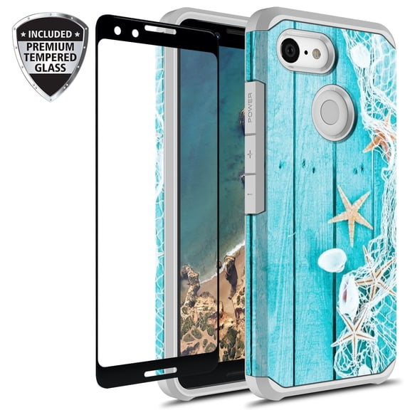 Google Pixel 3 Case With Tempered Glass Screen Protector, Kaesar Slim Hybrid Dual Layer Graphic Fashion Colorful Cover Armor Case for Google Pixel 3 (Starfish)