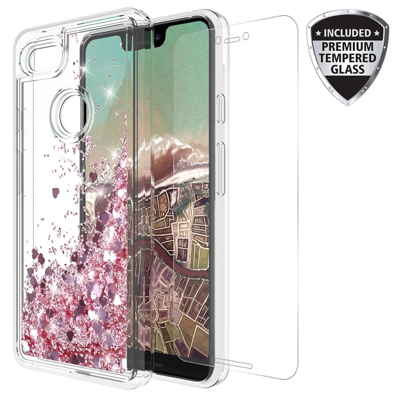 Google Pixel 3 Case With Tempered Glass Screen Protector, KAESAR Quicksand Glitter Sparkly Bling Liquid Shiny Clear Soft TPU Bumper Protective Cover for Google Pixel3 (Pink)