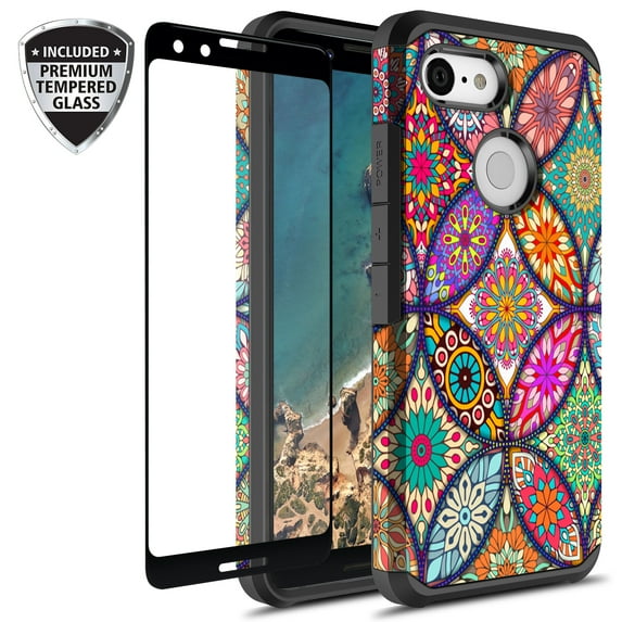Google Pixel 3 Case With Tempered Glass Screen Protector, Kaesar Slim Hybrid Dual Layer Graphic Fashion Colorful Cover Armor Case for Google Pixel 3 (Colorful Mandala)