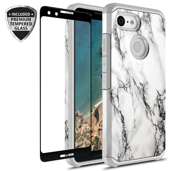 Google Pixel 3 Case With Tempered Glass Screen Protector, Kaesar Slim Hybrid Dual Layer Graphic Fashion Colorful Cover Armor Case for Google Pixel 3 (White Marble)