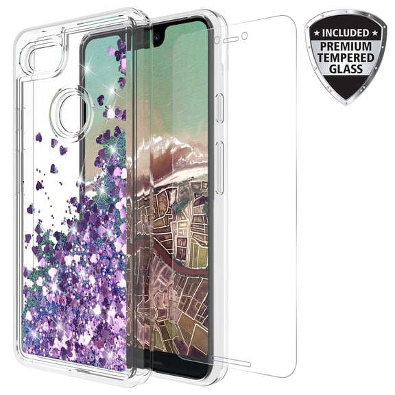 Google Pixel 3 XL Case With Tempered Glass Screen Protector, KAESAR Quicksand Glitter Sparkly Bling Liquid Shiny Clear Soft TPU Bumper Protective Cover for Google Pixel3 XL (Purple)