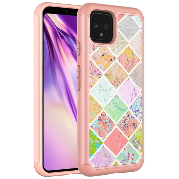 Google Pixel 4 Case, KAESAR Hybrid Dual Layer Graphic PU Leather Colorful TPU Fashion Protective Cover Armor Case for Google Pixel 4 (Geometric Square Marble)