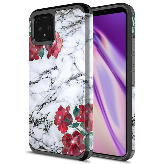 Google Pixel 4 Case, Kaesar Slim Hybrid Dual Layer Shockproof Hard Cover Graphic Fashion Cute Colorful Silicone Skin Cover Armor Case for Google Pixel 4 (Rose White Marble)