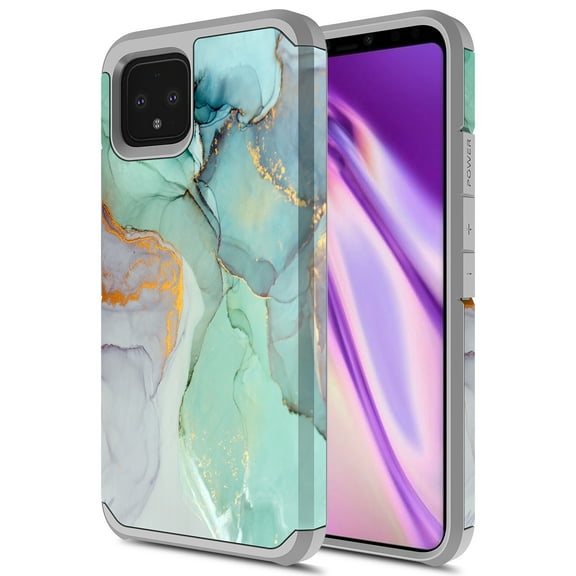 Google Pixel 4 Case, Kaesar Slim Hybrid Dual Layer Shockproof Hard Cover Graphic Fashion Cute Colorful Silicone Skin Cover Armor Case for Google Pixel 4 (Green Marble)