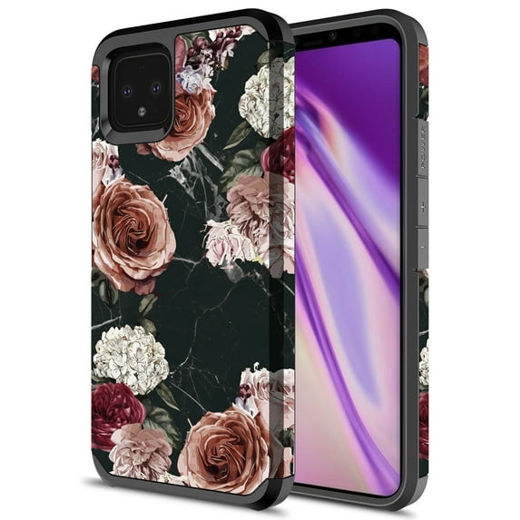 Google Pixel 4 XL Case, Kaesar Slim Hybrid Dual Layer Shockproof Hard Cover Graphic Fashion Cute Colorful Silicone Skin Cover Armor Case for Google Pixel 4 XL (Black Marble Flower)