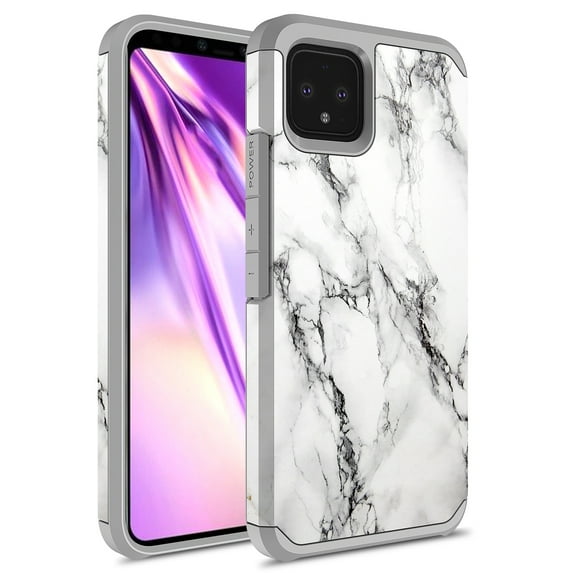 Google Pixel 4 XL Case, Kaesar Slim Hybrid Dual Layer Shockproof Hard Cover Graphic Fashion Cute Colorful Silicone Skin Cover Armor Case for Google Pixel 4 XL (White Marble)