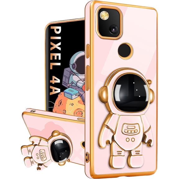 For Google Pixel 4A Case with Astronaut Stand, Women Girls Pixel 4A Cases, Girly Cute 6D Outer Space Heart Pattern Phone Cover for Google Pixel 4A(Not fit 5G) 5.8 Inch Pink
