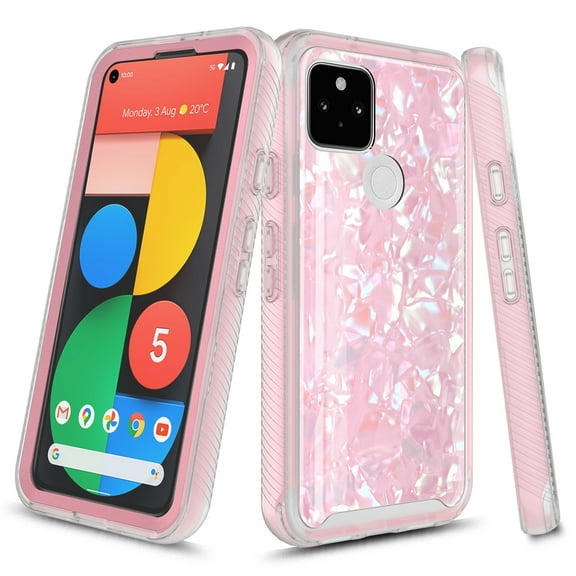 Google Pixel 4a with 5G Case (For 5G Version ONLY), Rosebono Graphic Design Shockproof Impact Resistant Protective Full-Body Rugged Clear Hybrid Bumper Case for Google Pixel 4a with 5G (Pink Shell)