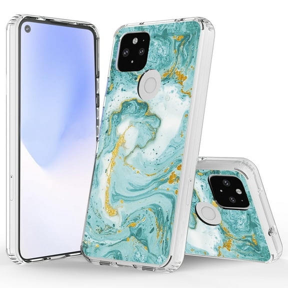 Google Pixel 4a with 5G Case, Rosebono Bling Glitter Sparkle Laser Green Marble Graphic Fashion Cute Colorful Skin Cover Shockproof Case for Google Pixel 4a 5G Version
