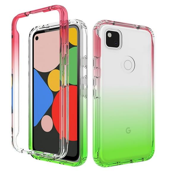 Google Pixel 4a Case (NOT For Google Pixel 4), Rosebono Full-Body Rugged Ultra Transparency Hybrid Protective Case With Built-in Screen Protector for Google Pixel 4a (Red/Green)