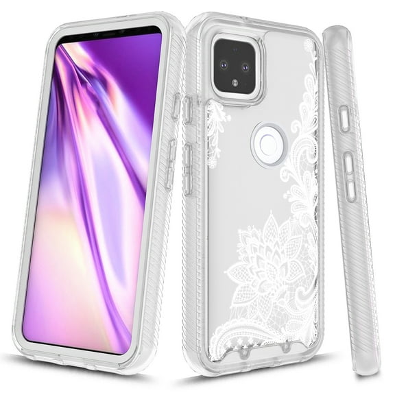 Google Pixel 4a Case (NOT FOR Google Pixel 4), Rosebono Graphic Design Shockproof Impact Resistant Protective Full-Body Rugged Clear Hybrid Bumper Case for Google Pixel 4a (Lace Flower)