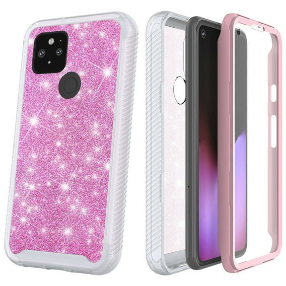 for Google Pixel 5 Pixel 5G Glitter Case Phone Case Dual Layer Full-Body Rugged Clear Back Case Drop Resistant Shockproof Case with Built In Screen Protector (Pink)