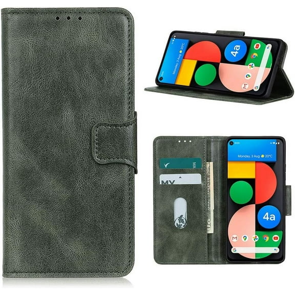 Google Pixel 5 Case, Retro Wallet Folio Flip Leather Magnetic Buckle Slim Back Cover Built-in Card Holder Slot and Stand for Google Pixel 5 (Green)