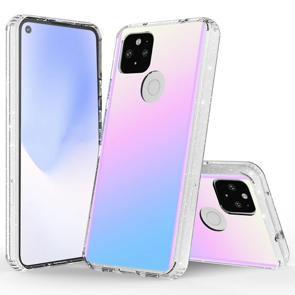 Google Pixel 5 Case, Rosebono Hybrid Bling Glitter Sparkle Laser White Ultra Transparent Fashion Cute Colorful Skin Cover Shockproof Case for Google Pixel 5