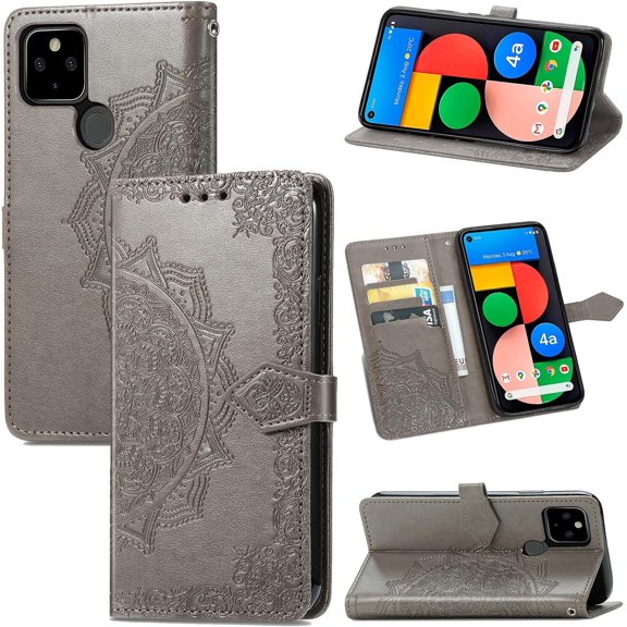 for Google Pixel 5A 5G Wallet Phone Case,Mandala Embossing PU Leather Phone Case with Credit Card Holder & Hand Strap Kickstand Flip Folio Closure Cover for Google Pixel 5A 5G MTL Gray