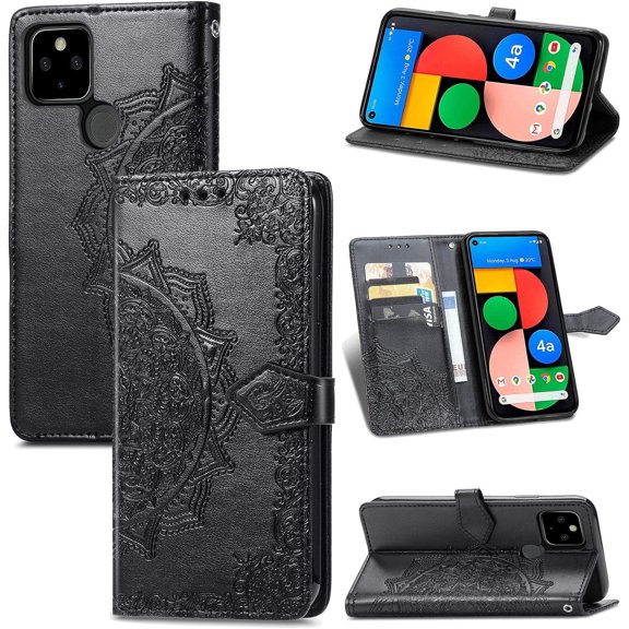 for Google Pixel 5A 5G Wallet Phone Case,Mandala Embossing PU Leather Phone Case with Credit Card Holder & Hand Strap Kickstand Flip Folio Closure Cover for Google Pixel 5A 5G MTL Black