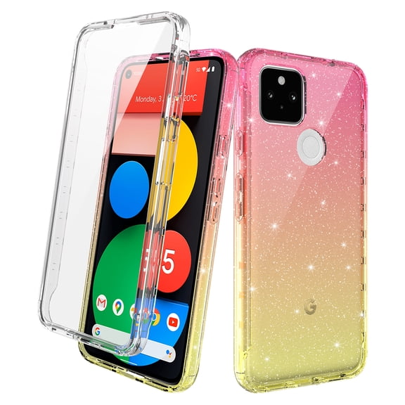 Google Pixel 5a Case With Built-in Screen Protector, Rosebono Hybrid Glitter Sparkle Transparent Colorful Gradient TPU Skin Cover 360 Protection Case For Google Pixel 5a (Gold/Pink)