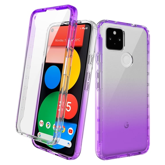 Google Pixel 5a Case With Built-in Screen Protector, Rosebono Hybrid Gradient Transparent Soft TPU Clear Skin Cover 360 Protection Case For Google Pixel 5a (Purple)
