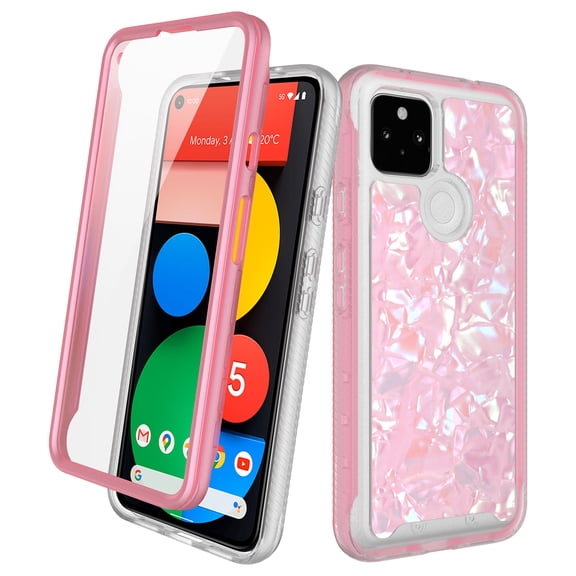 Google Pixel 5a Case With Built-in Screen Protector, Rosebono Hybrid Graphic Design Pattern Hard Back Pannel Cover 360 Protection Case For Google Pixel 5a (Pink Shell)