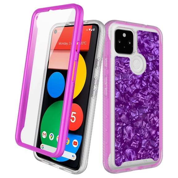 Google Pixel 5a Case With Built-in Screen Protector, Rosebono Hybrid Graphic Design Pattern Hard Back Pannel Cover 360 Protection Case For Google Pixel 5a (Purple Shell)