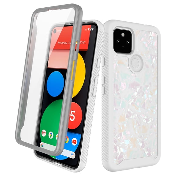 Google Pixel 5a Case With Built-in Screen Protector, Rosebono Hybrid Graphic Design Pattern Hard Back Pannel Cover 360 Protection Case For Google Pixel 5a (White Shell)
