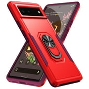 Google Pixel 6 Case, 360 Rotate Ring Stand Rugged Heavy Duty Shockproof Absorption Impact-Resistant Full Body Protective Bumper Phone Case For 6.4 inch Google Pixel 6,Red + Rose
