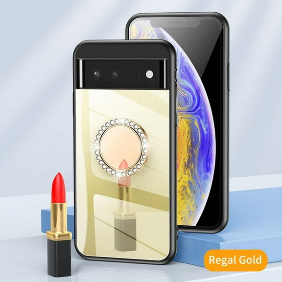 For Google Pixel 6 Case with Glitter Foldable Ring Holder, Allytech Slim Soft TPU Anti-Scratch Protective Makeup Mirror PC Back Finger Ring Stand Case for Google Pixel 6 5G [6.4", 2021], Gold