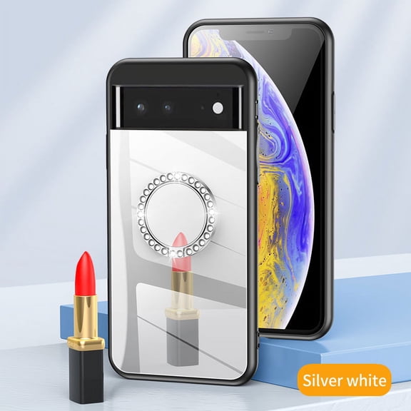 For Google Pixel 6 Case with Glitter Foldable Ring Holder, Allytech Slim Soft TPU Anti-Scratch Protective Makeup Mirror PC Back Finger Ring Stand Case for Google Pixel 6 5G [6.4", 2021], Silver