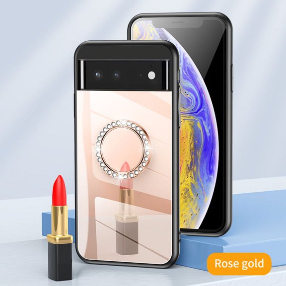 For Google Pixel 6 Case with Glitter Foldable Ring Holder, Allytech Slim Soft TPU Anti-Scratch Protective Makeup Mirror PC Back Finger Ring Stand Case for Google Pixel 6 5G [6.4", 2021], Rosegold