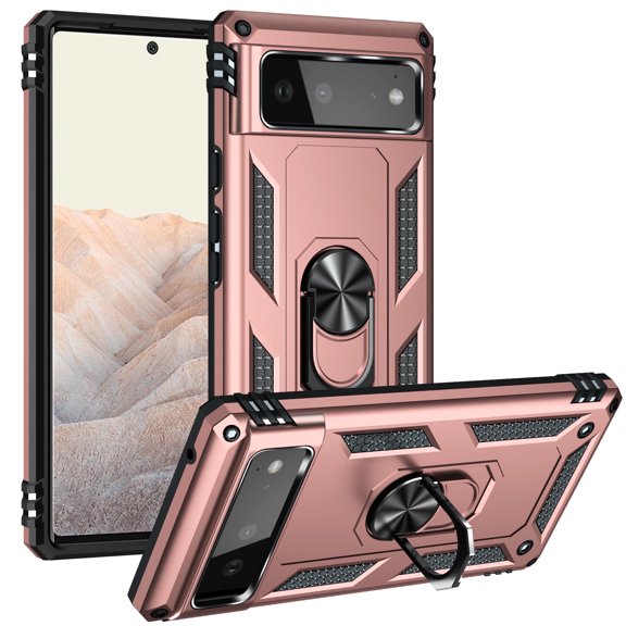 Google Pixel 6 Case, Pixel 6 Case with Stand Ring Holder, Heavy Duty Protection Shockproof Anti-scratch Kickstand Defender Bumper Case Cover for Google Pixel 6, Rosegold