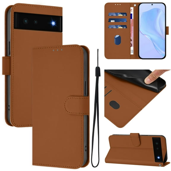 for Google Pixel 6 Case Wallet with Card Holder,PU Leather Anti-fall Thin Fit Phone case for Women Men,Kickstand,flip Shockproof Cover with Credit Card Slots and Wrist Strap,Brown