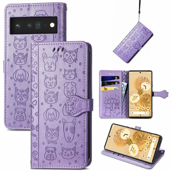 for Google Pixel 6 Case Wallet,Magnetic Closure PU Leather Cute Embossed Wrist Strap Card Slots Pocket Flip Kickstand Protective Phone Case Cover for Google Pixel 6,Purple