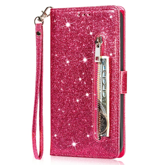 Google Pixel 6 Case, Zipper Wallet Pocket Luxury Glitter Flip Kickstand Magnetic Card Slots Wrist Strap Protective Cover - Rose