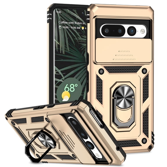 Google Pixel 6 Kickstand Armor Case with Slide Camera Lens Protection Cover Built-in 360° Rotate Ring Holder Stand Magnetic Military Shockproof Phone Cover Case for Google Pixel 6,
Gold