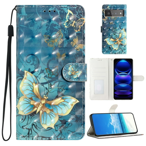 for Google Pixel 6 PU Leather Flip Case, Stylish Wrist Strap Kickstand Magnetic Card Slots Pattern Shockproof Protective Durable Portable Ultra Slim Case for Men Women - Butterflies