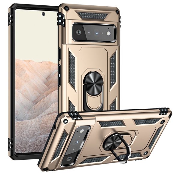 for Google Pixel 6 Pro 6.7-inch Phone Case, Impact Resistant Metal Ring Magnetic Support Kickstand Drop Protector Cover for Google Pixel 6 Pro 6.7-inch,Gold,For Google Pixel 6 Pro