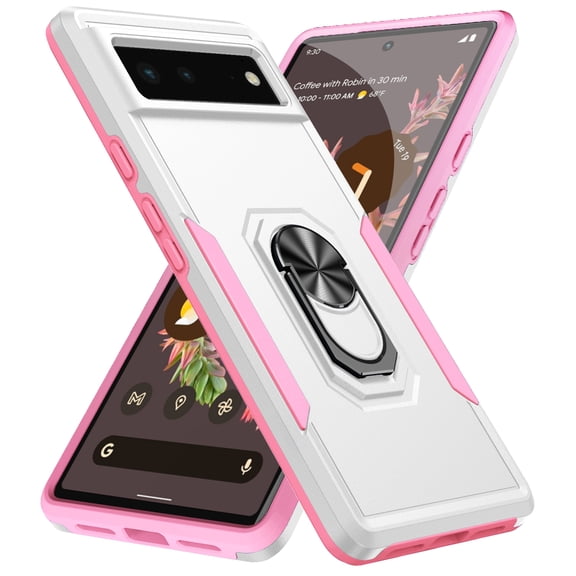 Google Pixel 6 Pro Case, 360 Rotate Ring Stand Rugged Heavy Duty Shockproof Absorption Impact-Resistant Full Body Protective Bumper Phone Case For 6.7 inch Google Pixel 6 Pro 5G 2021,White + Pink
