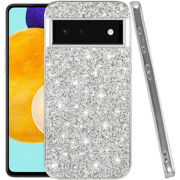 Google Pixel 6 Pro Case, Glitter Shockproof Silicone Protective Cover, Wireless Charging Compatible, Sparkly TPU and PC Women's Phone Case (Silver)