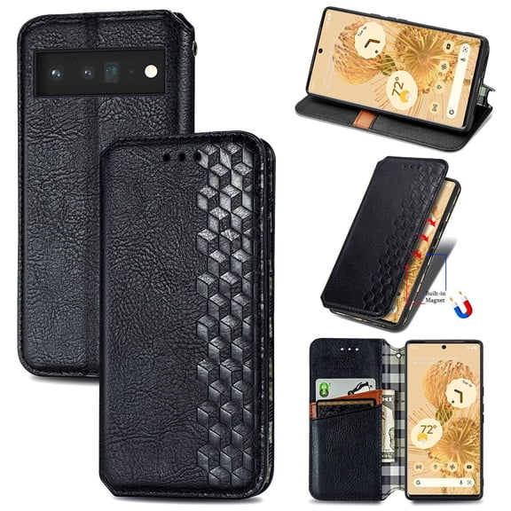 Google Pixel 6 Pro Case PU Leather TPU Wallet Cover with Card Holder Kickstand Hidden Magnetic Adsorption Shockproof Flip Folio Cell Phone Case for Google Pixel 6 Pro, Black
